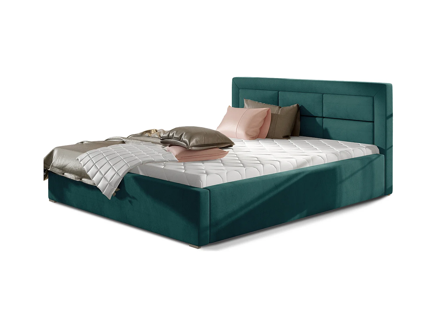 Lit moderne velours capitonné Rizaro-Couleur Bleu canard-180x200-Version coffre de rangement