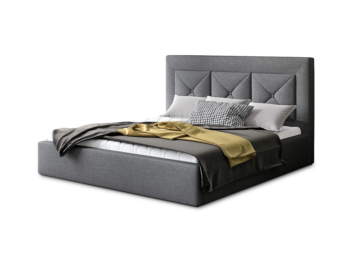 Lit double rembourré en tissu Clarin-Couleur Gris-200x200-Version coffre de rangement