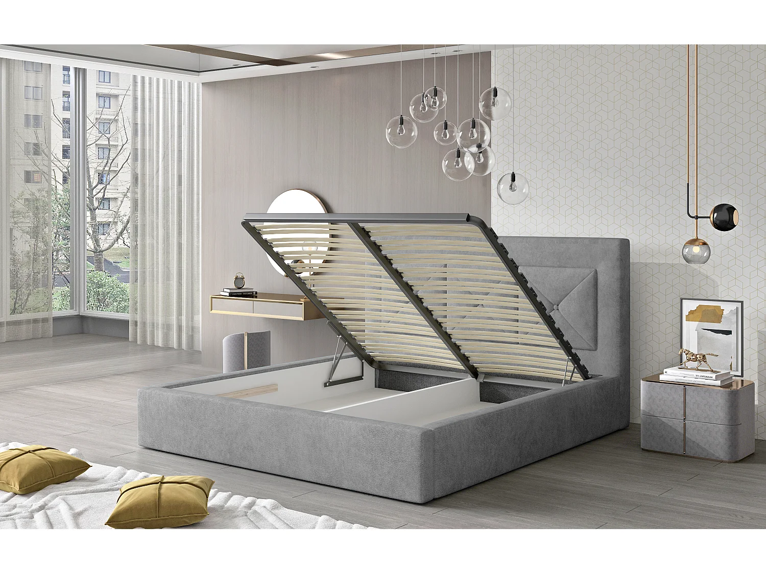 Tweepersoonsbed bekleed met Clarin-stof-Kleur Beige-Slapen 180x200cm-Versie zonder boxspring