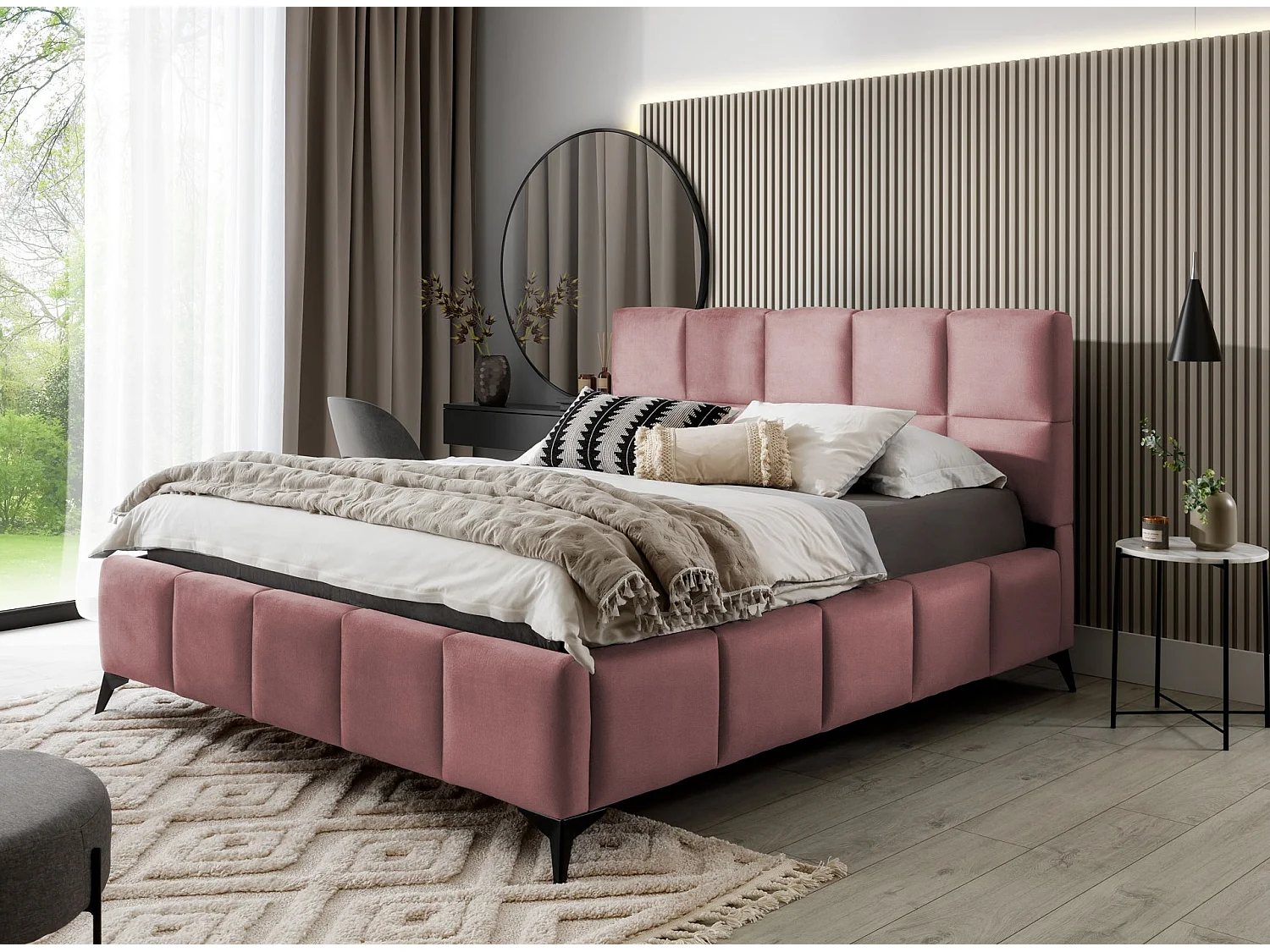 Lit coffre de luxe velours capitonné Mister-Couleur Vieux rose-140x200