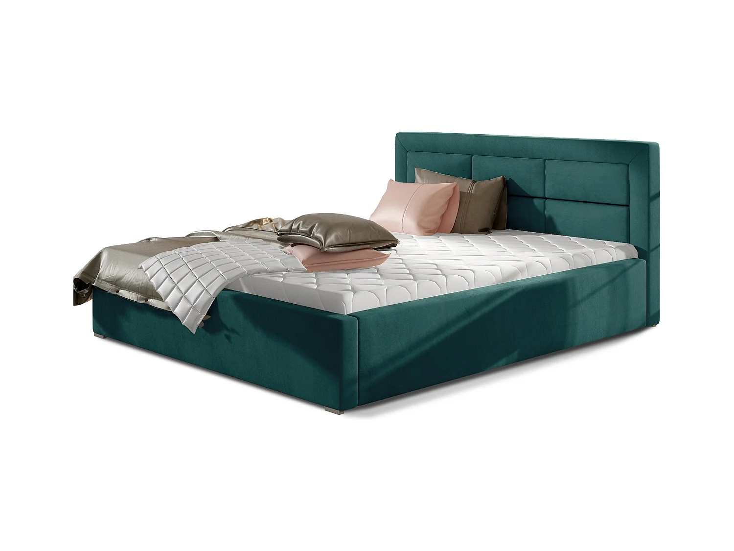Lit moderne velours capitonné Rizaro-Couleur Bleu canard-180x200-Version avec sommier