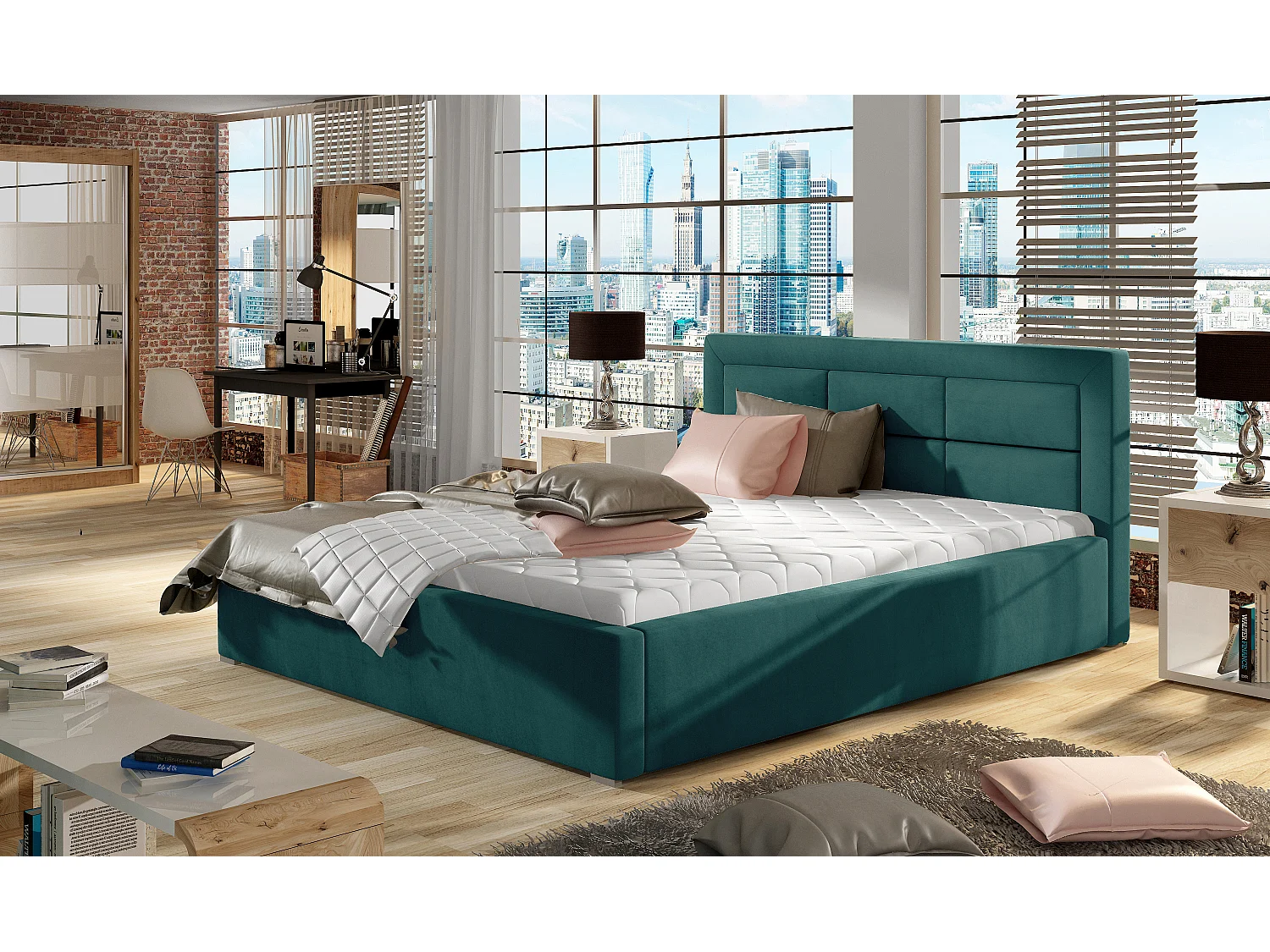 Lit moderne velours capitonné Rizaro-Couleur Bleu canard-180x200-Version avec sommier