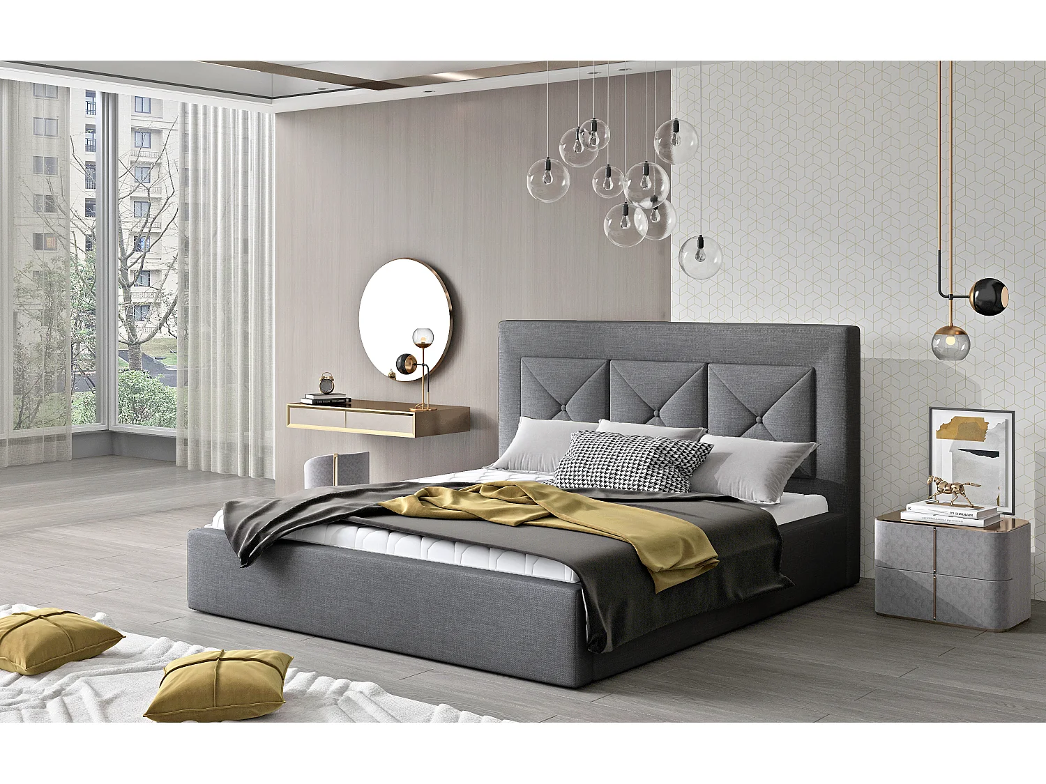 Lit double rembourré en tissu Clarin-Couleur Gris-200x200-Version avec sommier