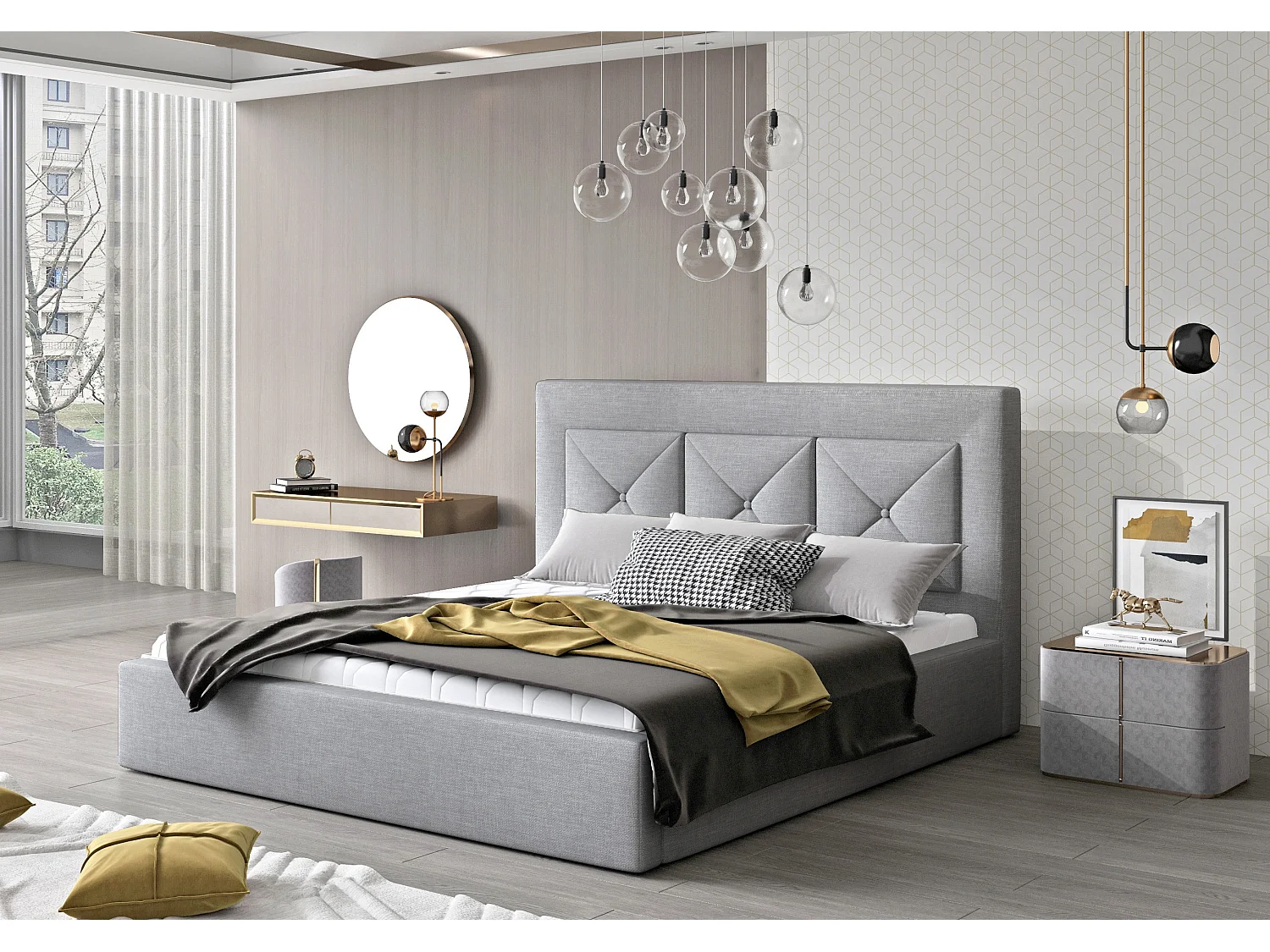 Lit double rembourré en tissu Clarin-Couleur Gris clair-200x200-Version avec sommier