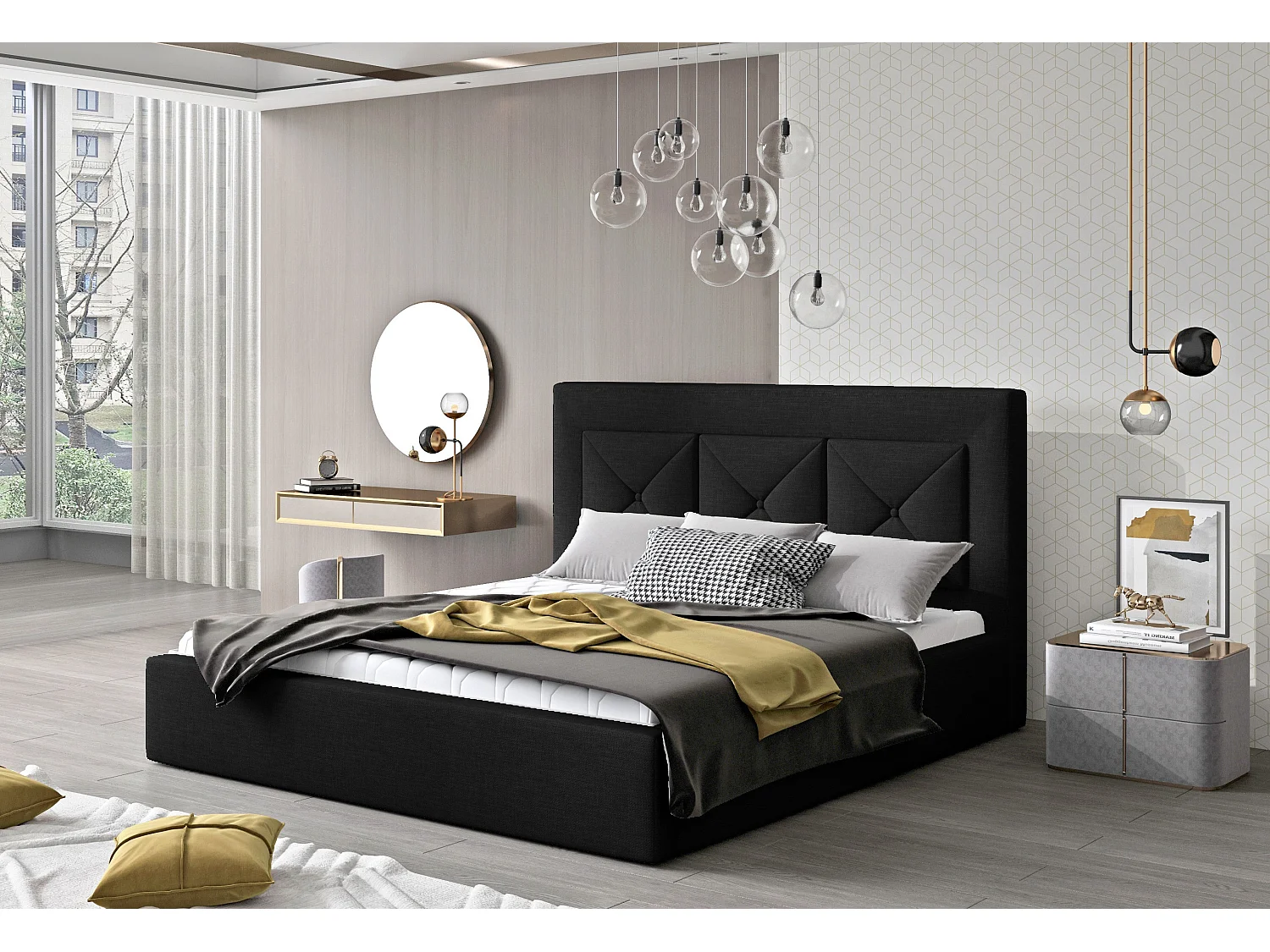 Lit double rembourré en tissu Clarin-Couleur Noir-160x200-Version coffre de rangement