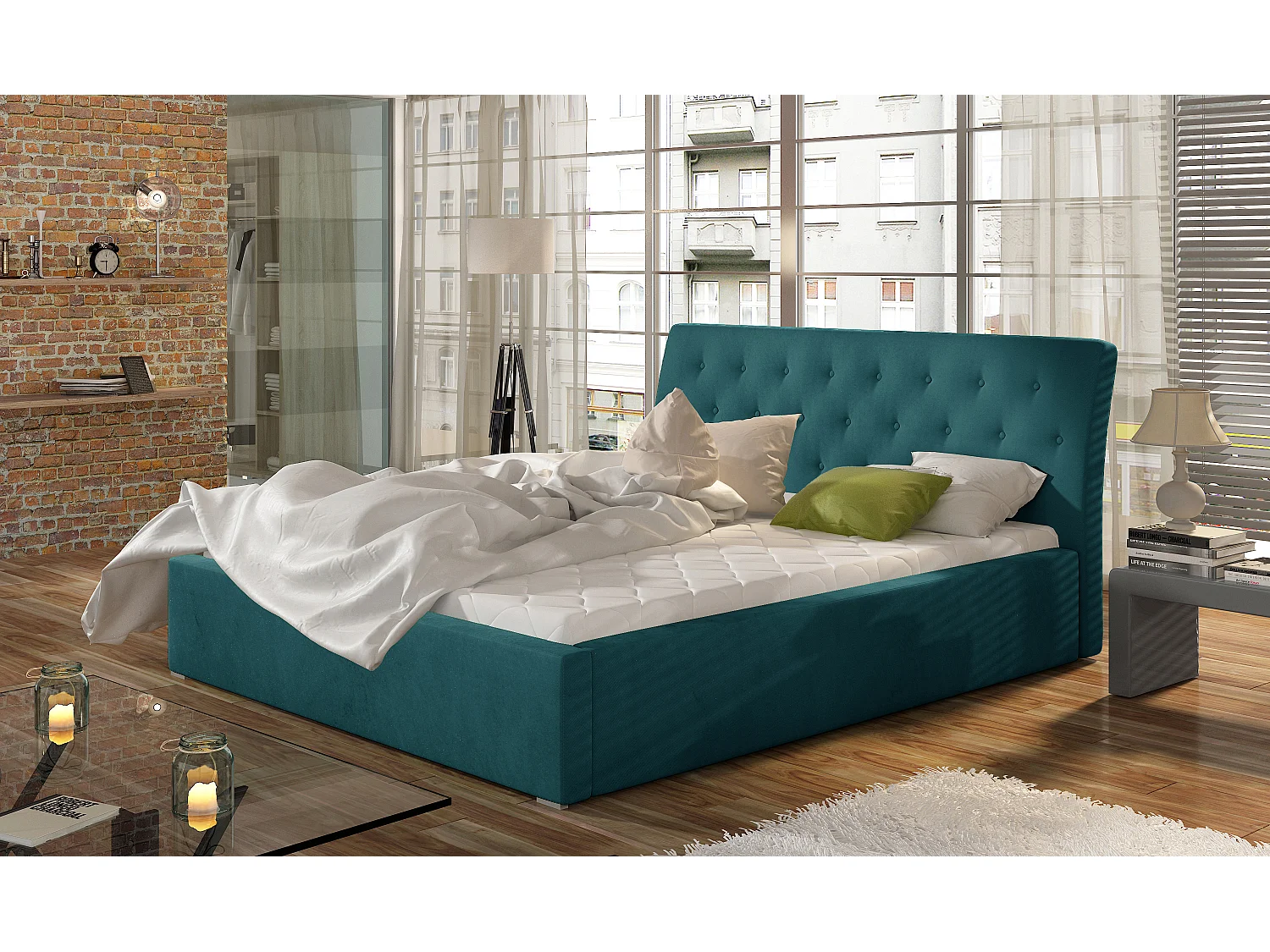 Venizia gewatteerd fluwelen bed-Kleur Blauwe Eend-Slapen 160x200cm-Versie met boxspring