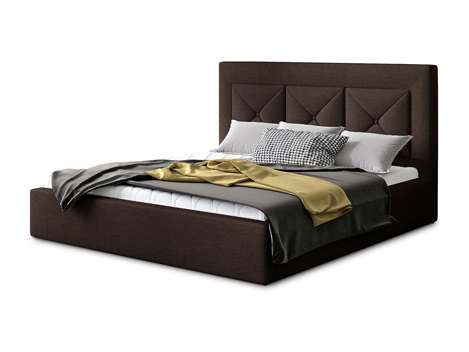 Tweepersoonsbed bekleed met Clarin-stof-Kleur Bruin-Slapen 180x200cm-Versie met boxspring