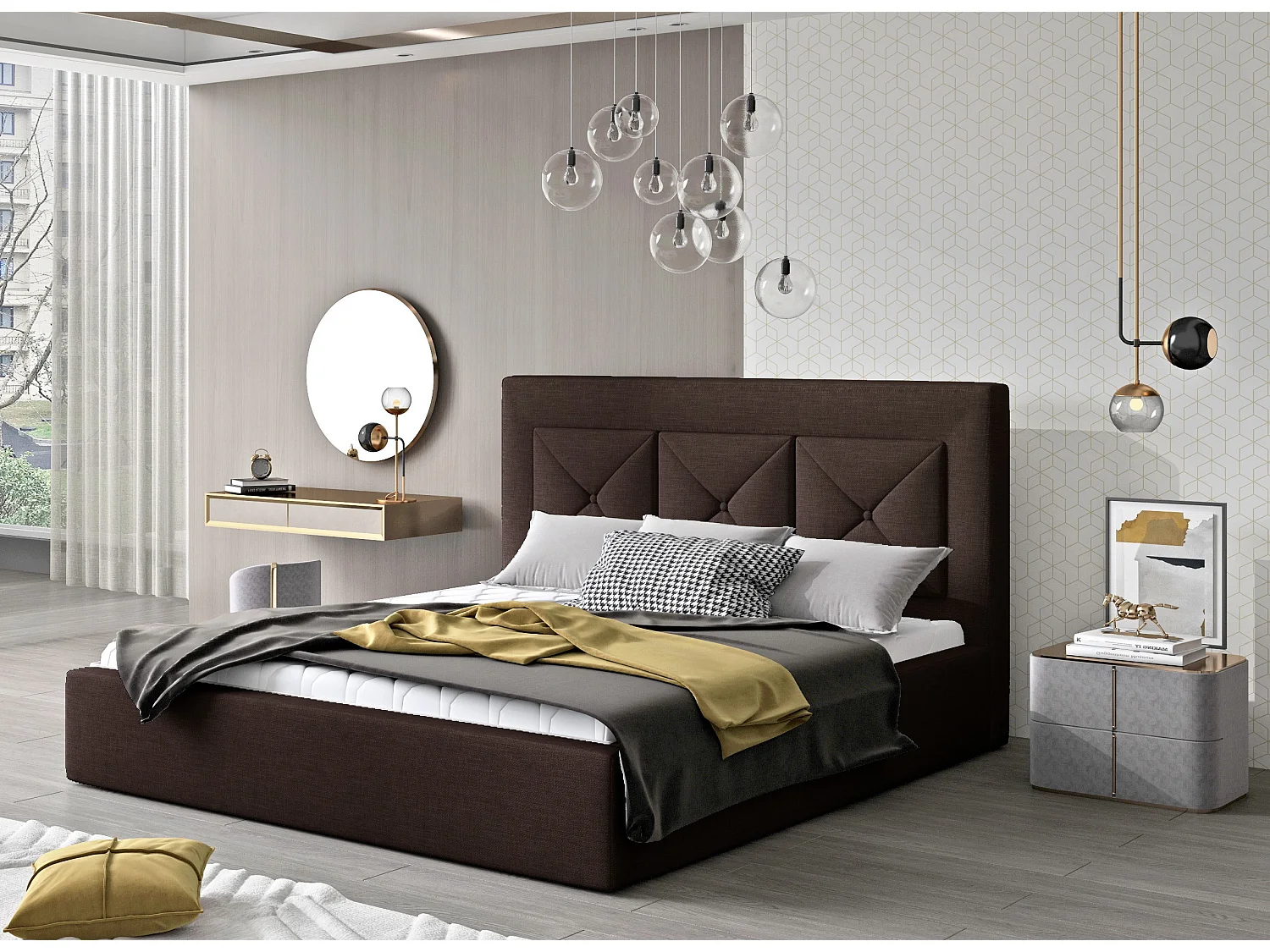 Lit double rembourré en tissu Clarin-Couleur Marron-180x200-Version avec sommier