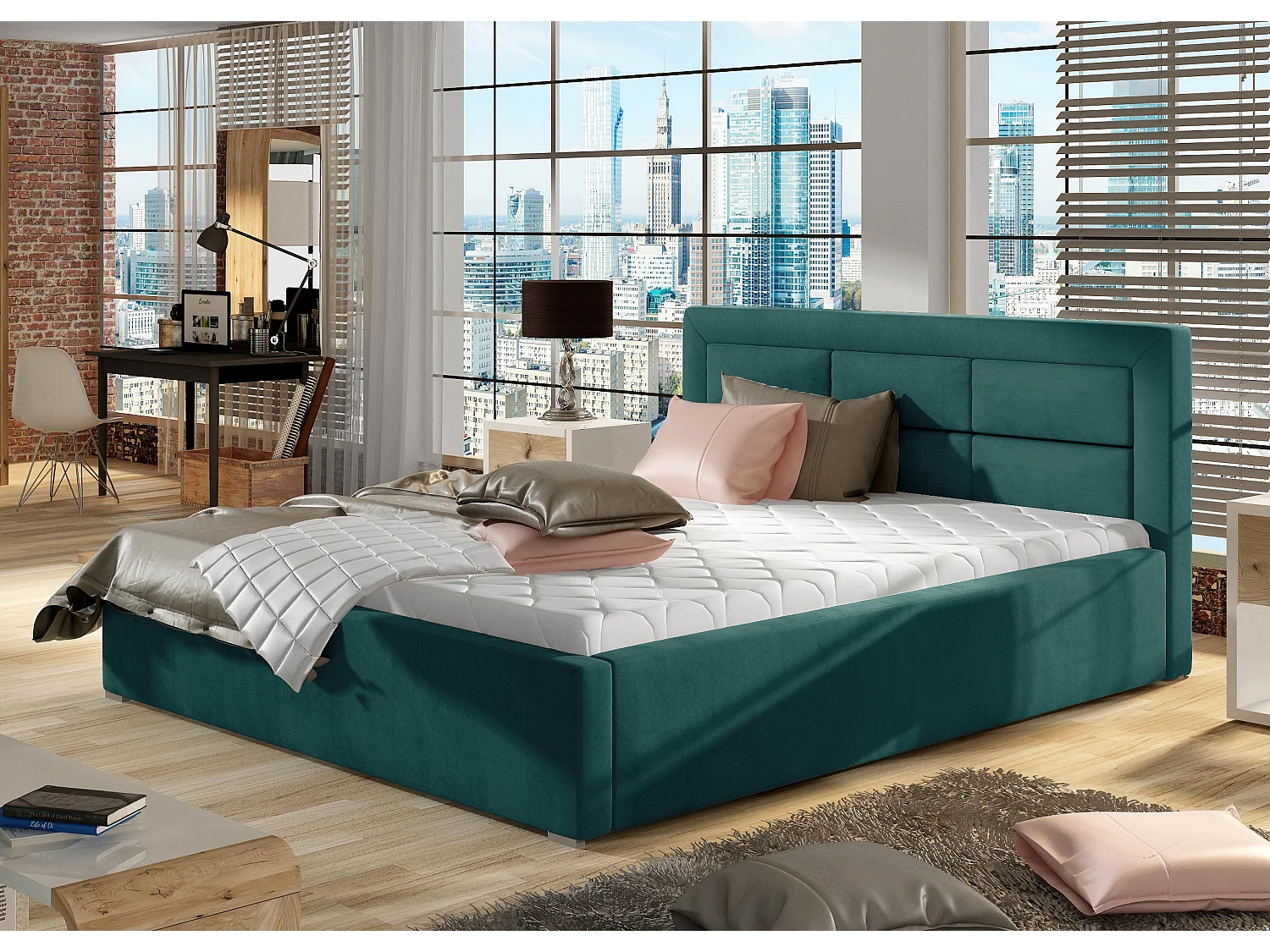 Lit moderne velours capitonné Rizaro-Couleur Bleu canard-140x200-Version avec sommier