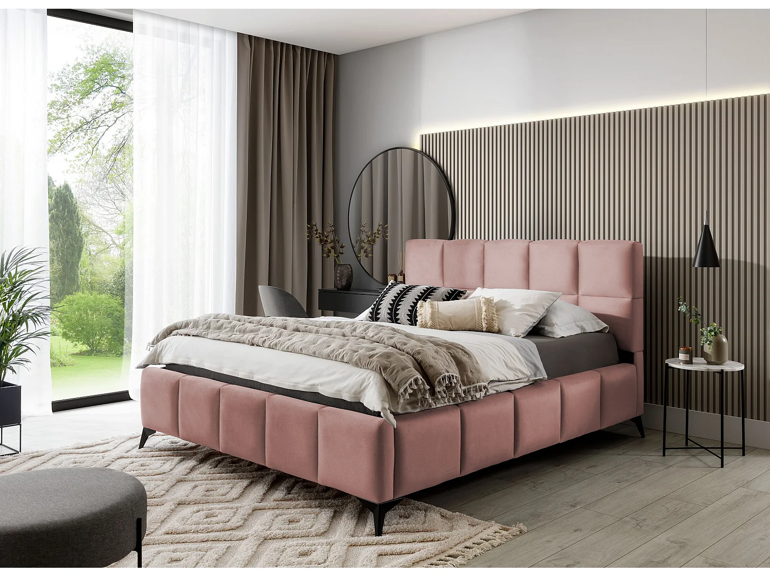 Lit coffre de luxe velours capitonné Mister-Couleur Rose poudré-160x200