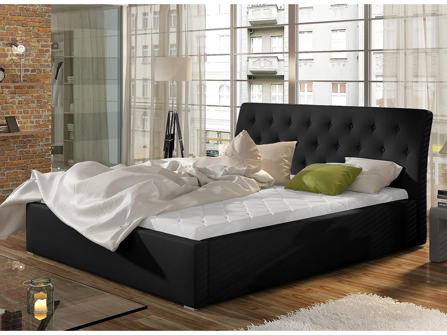 Lit simili cuir capitonné Venizia-Couleur Noir-160x200-Version coffre de rangement