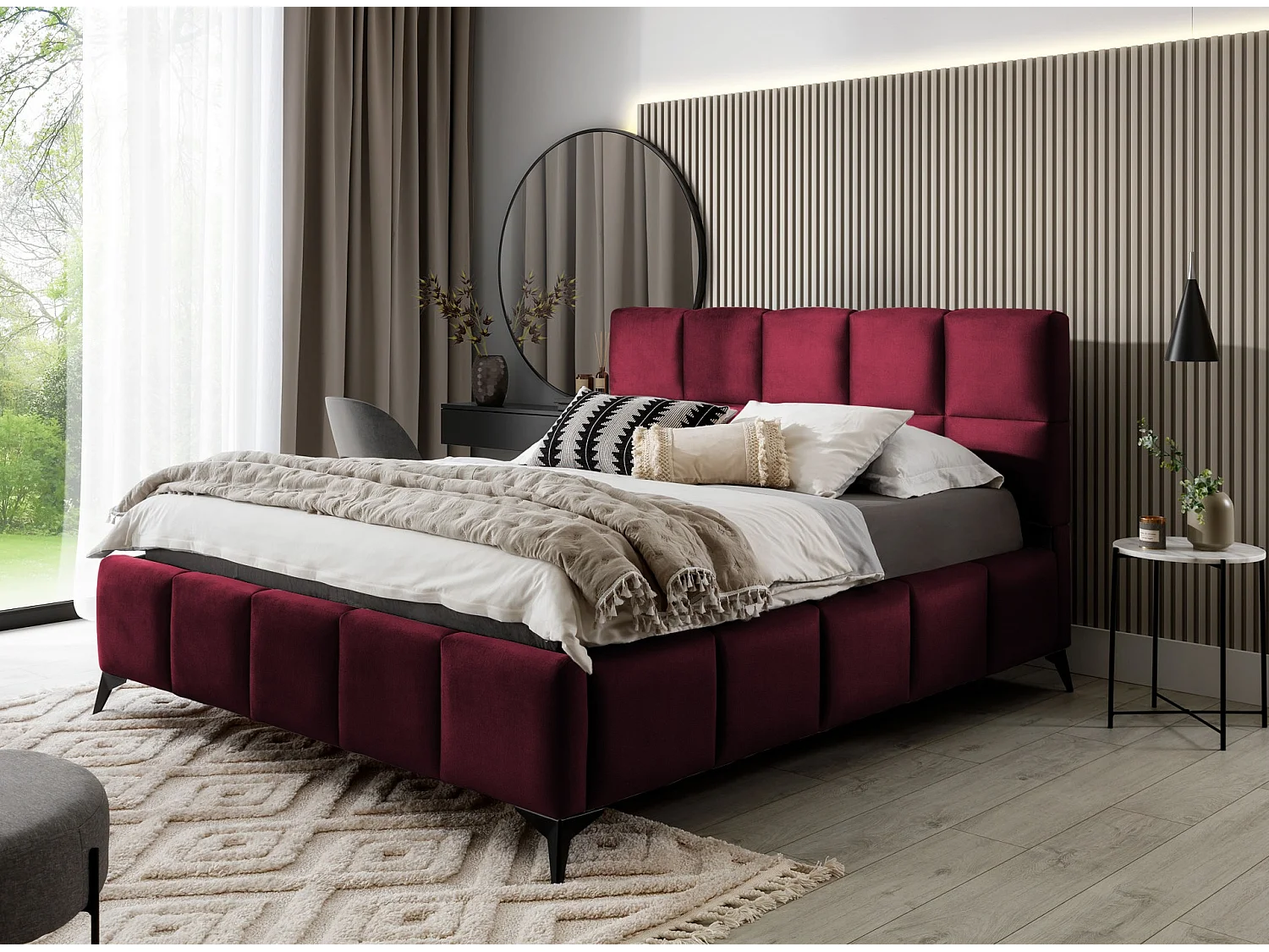 Lit coffre de luxe velours capitonné Mister-Couleur Bordeaux-160x200