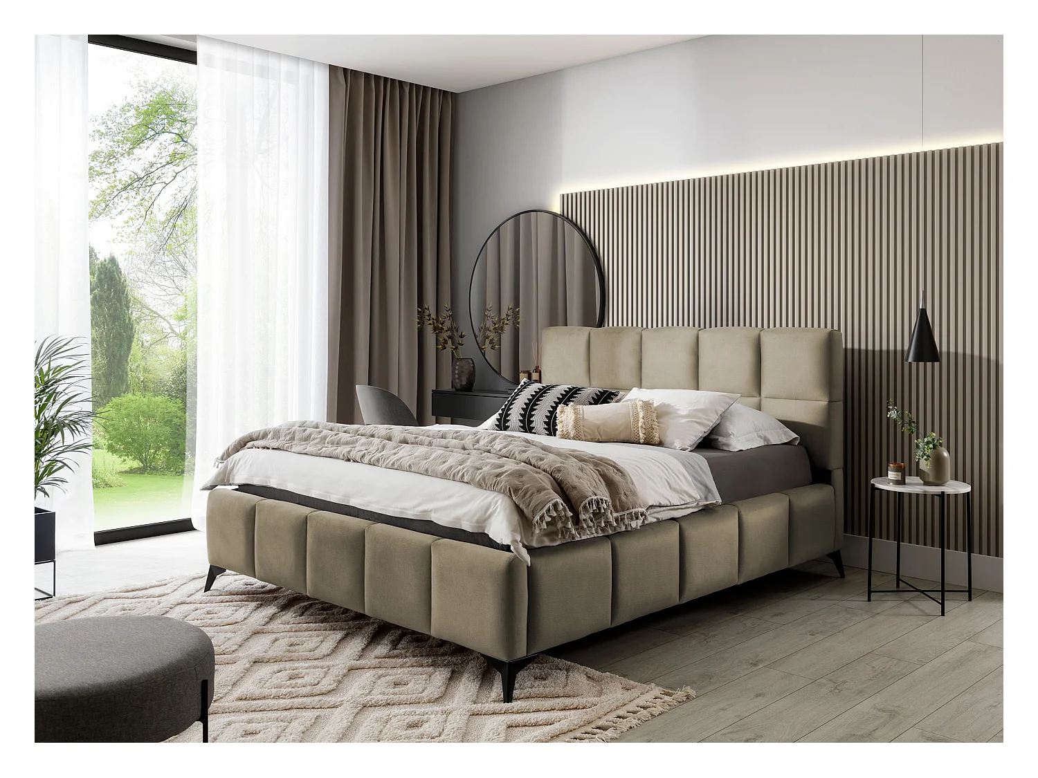 Lit coffre de luxe velours capitonné Mister-Couleur Beige clair-180x200