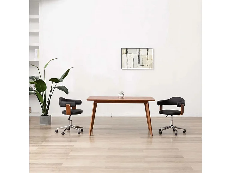 Chaise pivotante simili cuir noir et bois foncé Saden