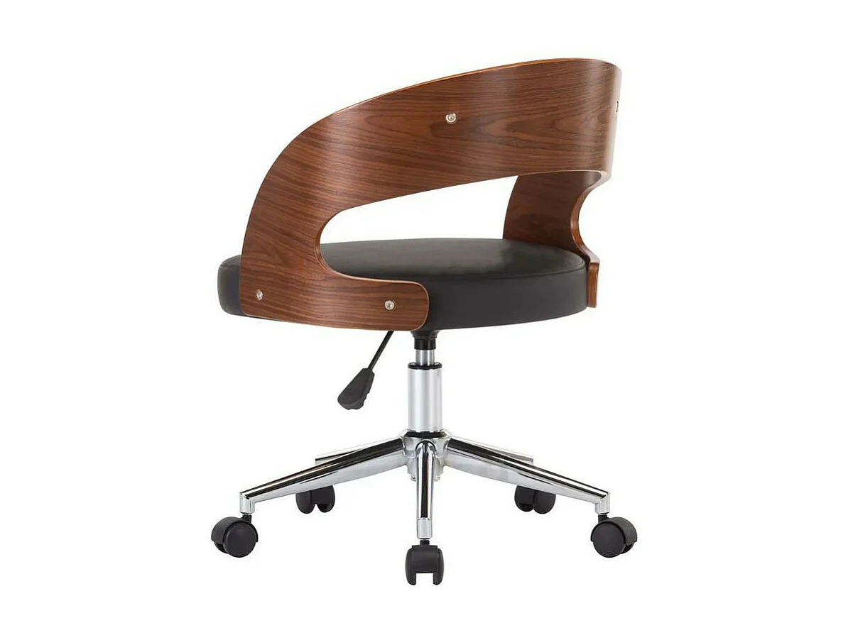 Chaise sur roulettes simili cuir noir et bois foncé Esinn