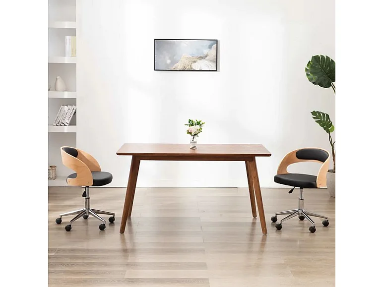 Chaise sur roulettes simili cuir noir et bois clair Esinn