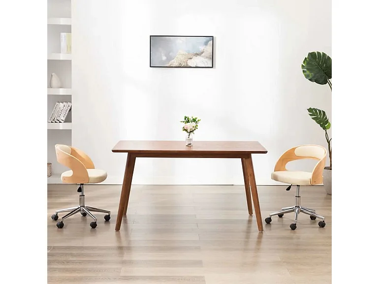 Chaise sur roulettes simili cuir beige et bois clair Esinn