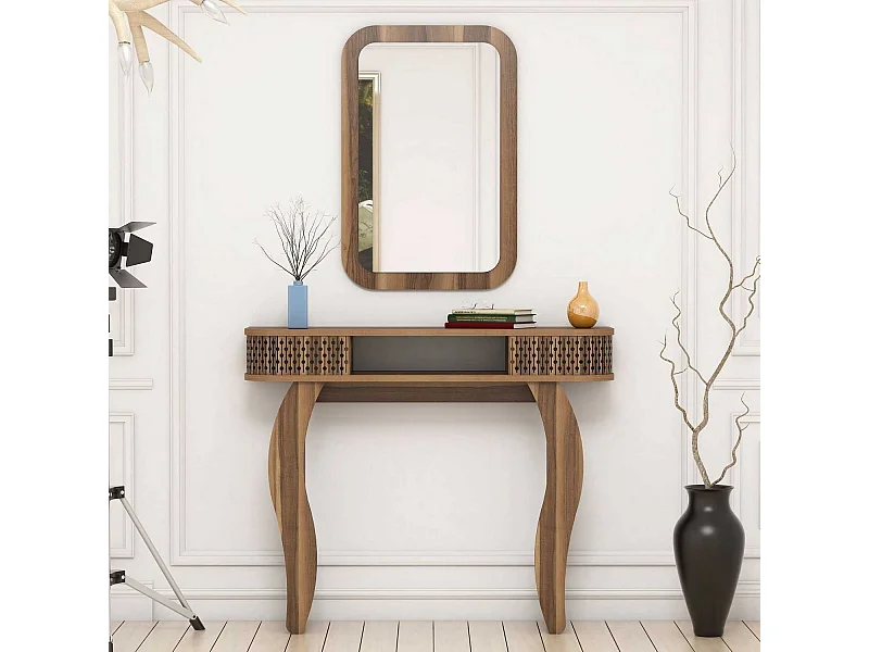 Console L105cm avec miroir mural 51x76cm Basalt Bois foncé