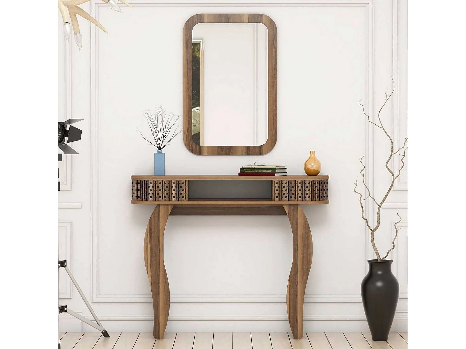 Console L105cm avec miroir mural 51x76cm Basalt Bois foncé