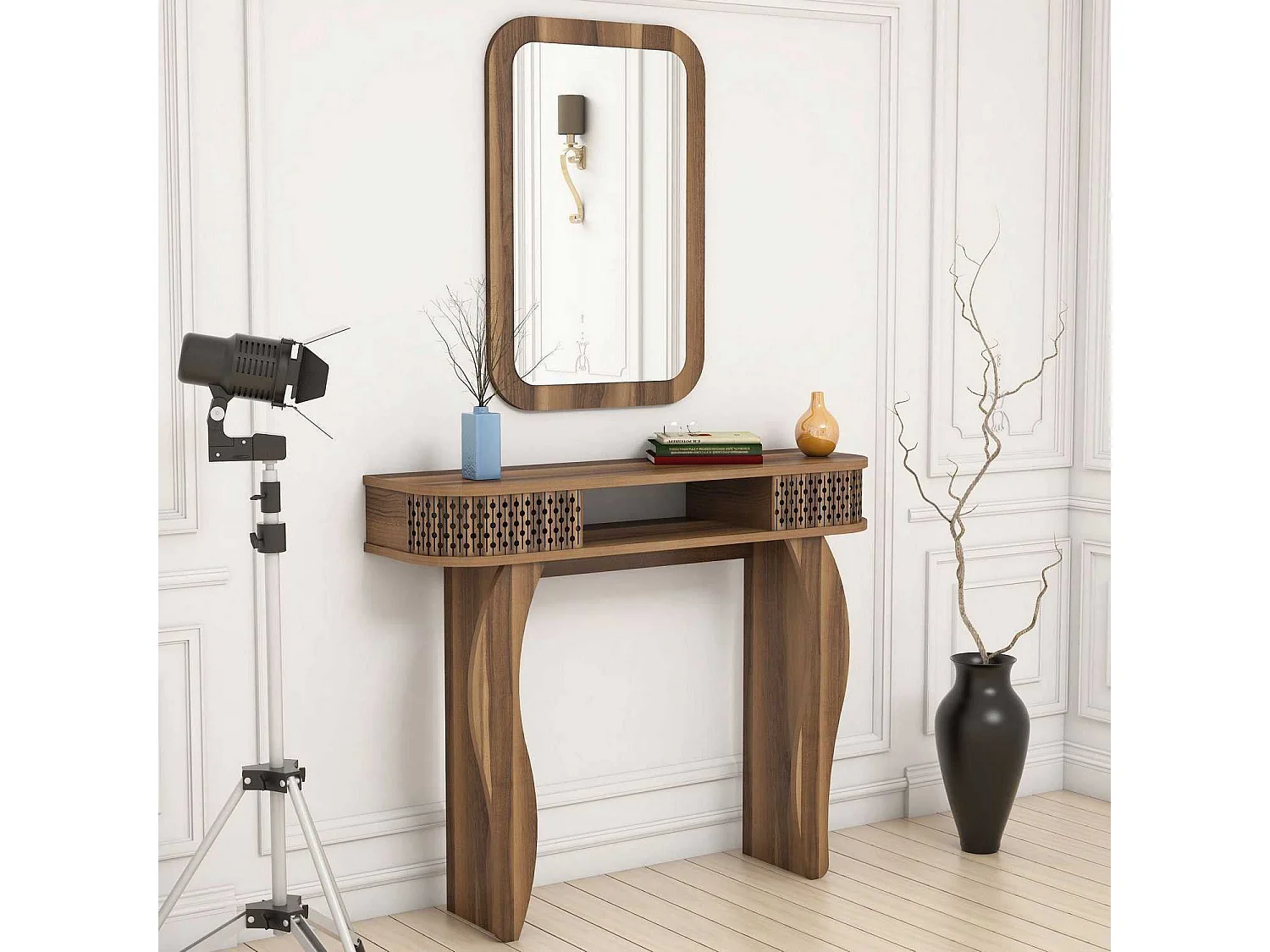 Console L105cm avec miroir mural 51x76cm Basalt Bois foncé
