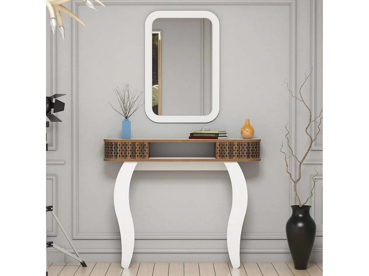 Wit en bruin houten vaste consoleset met Dolly spiegel 105 cm