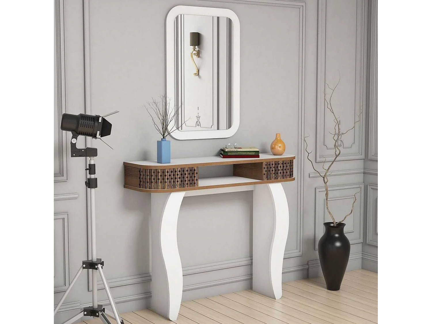 Wit en bruin houten vaste consoleset met Dolly spiegel 105 cm