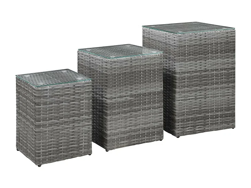 Tables d'appoint 3 pcs et dessus en verre Gris Résine tressée