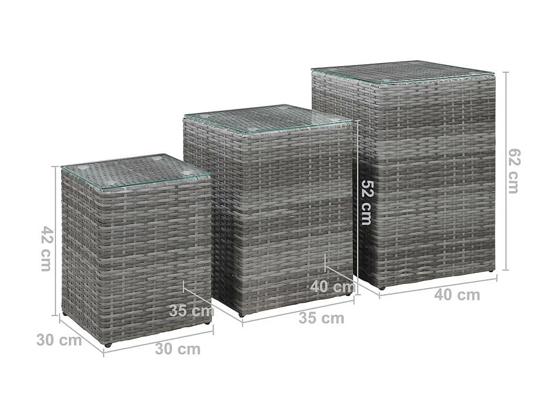 Tables d'appoint 3 pcs et dessus en verre Gris Résine tressée