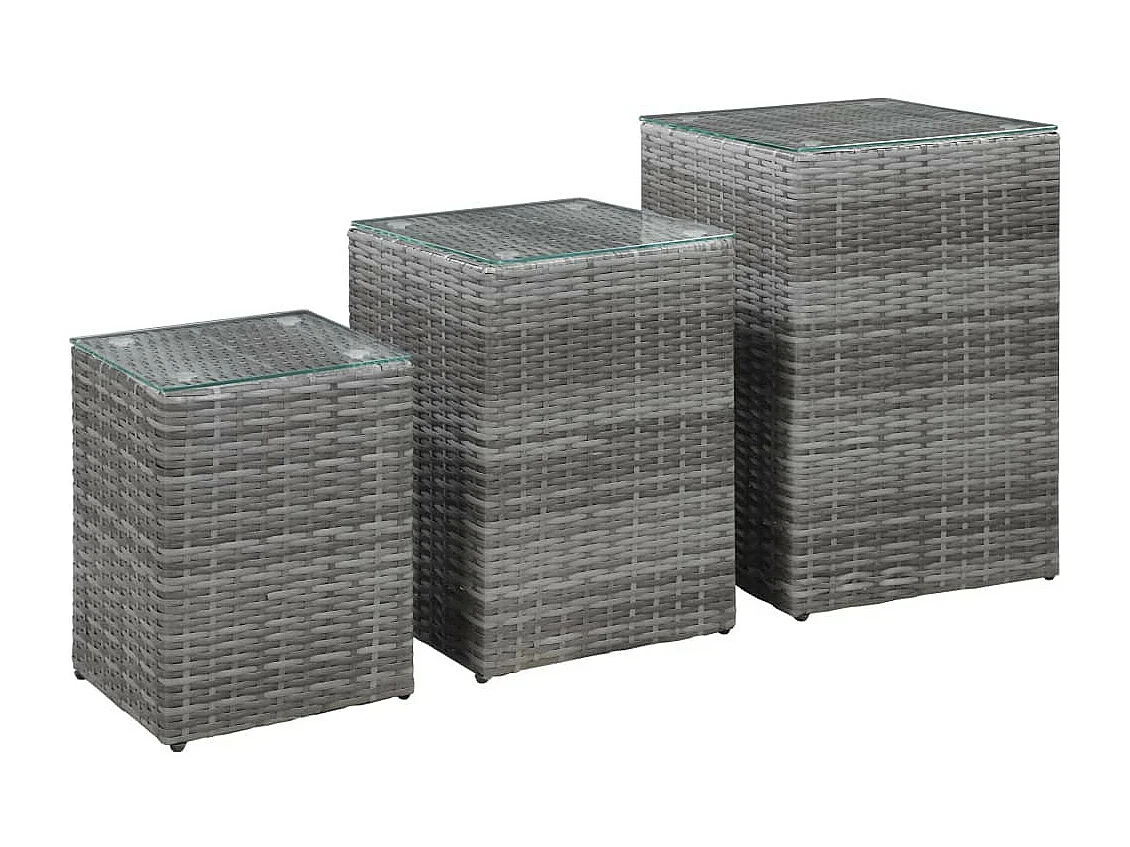 Tables d'appoint 3 pcs et dessus en verre Gris Résine tressée
