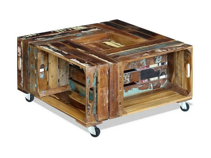 Table basse sur roulettes bois de récupération massif Elano