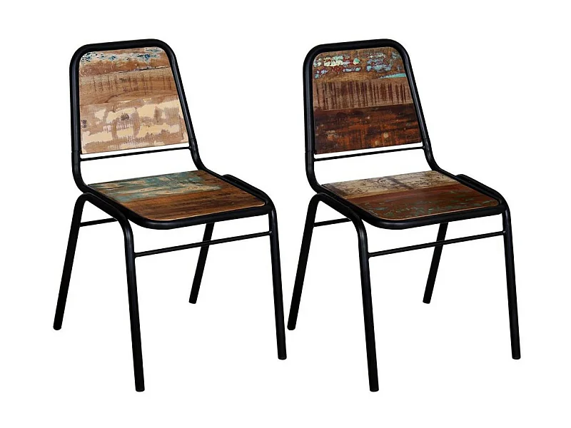 Chaise vintage bois recyclé massif et métal noir Vosa - Lot de 2