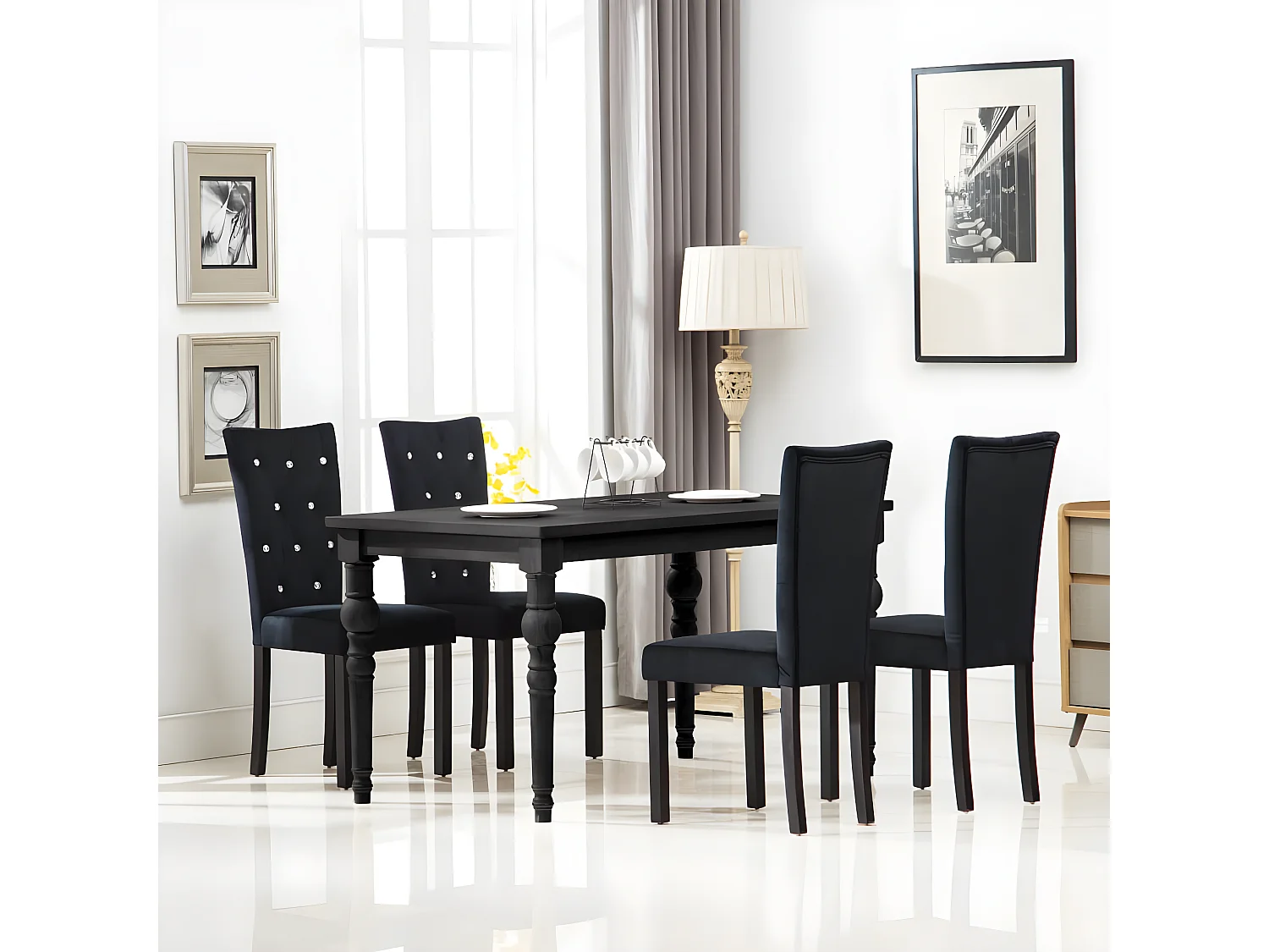 Chaise de salle à manger velours et pieds bois noir Karmen - Lot de 4