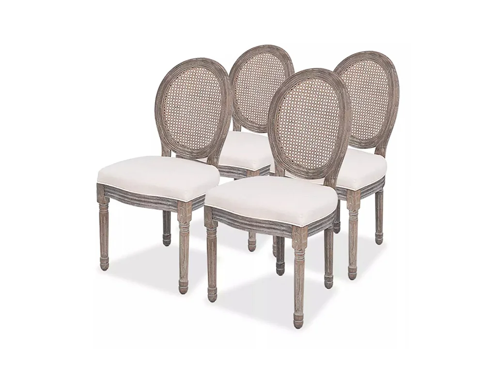 Chaise médaillon lin beige et dossier en rotin Makin - Lot de 4