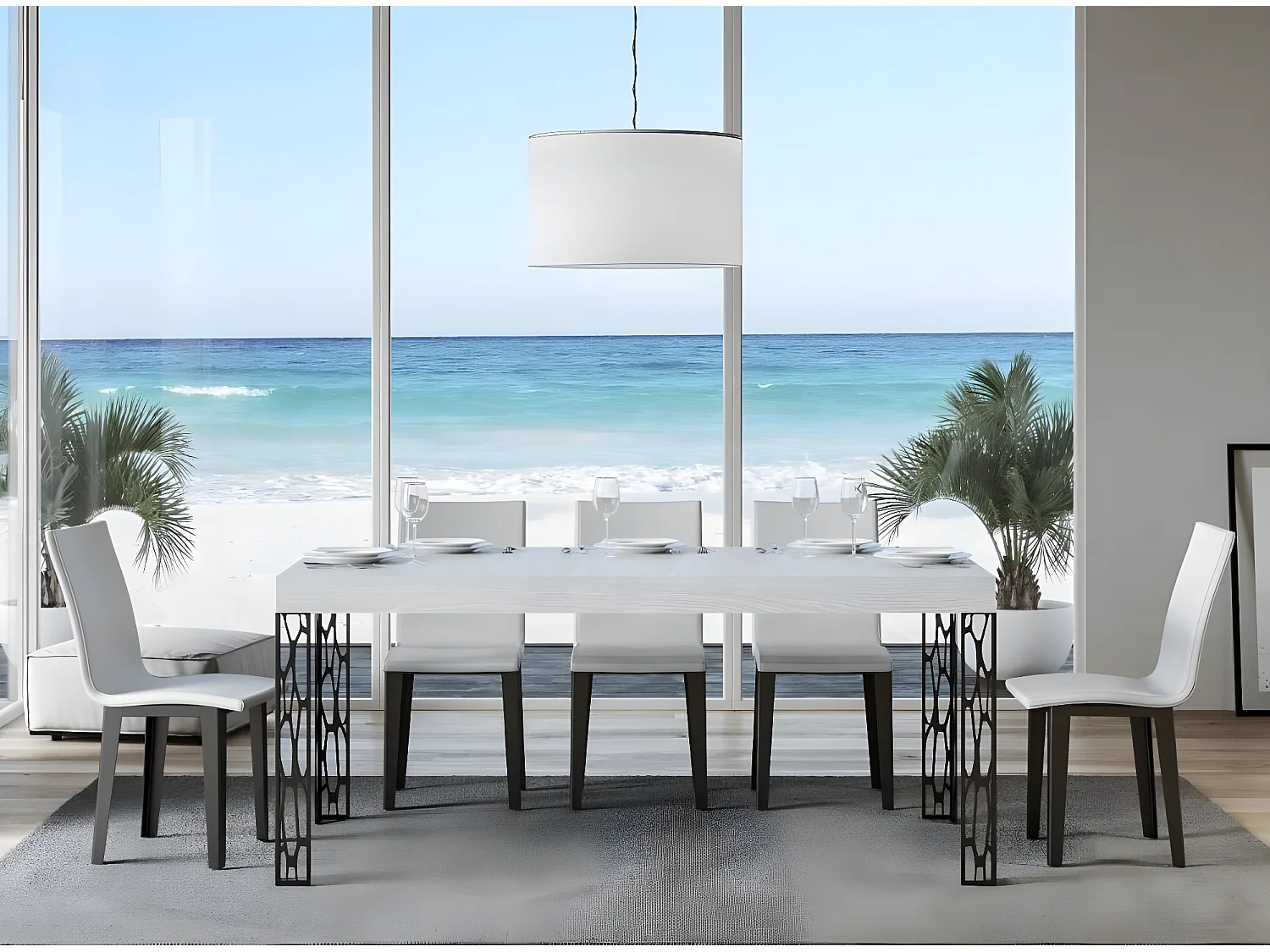 Mesa de comedor Gisa 180 cm rectangular de fresno blanco con patas de metal gris oscuro