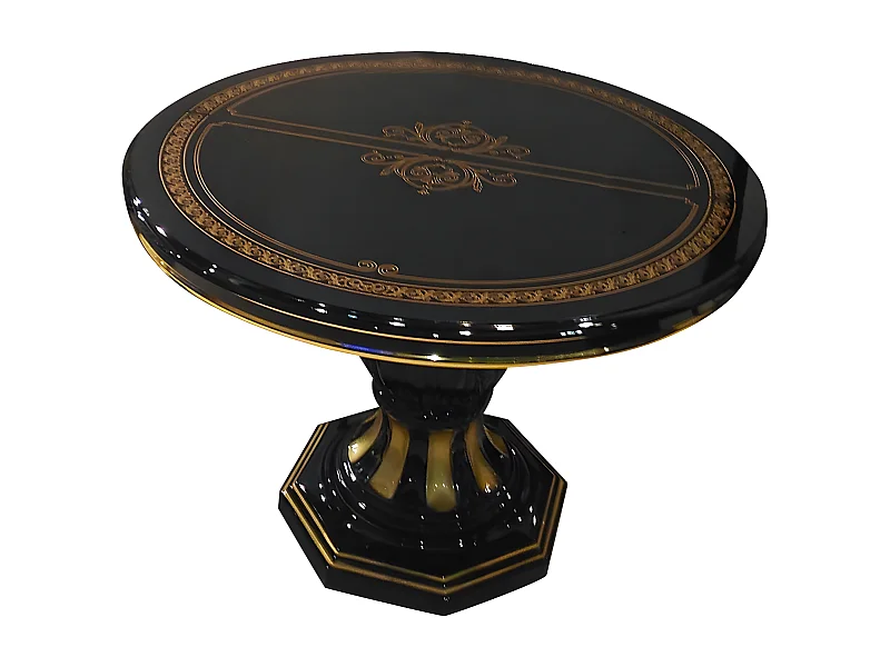 Table à manger ronde extensible bois vernis laqué brillant noir et doré Lesly 110 à 160cm
