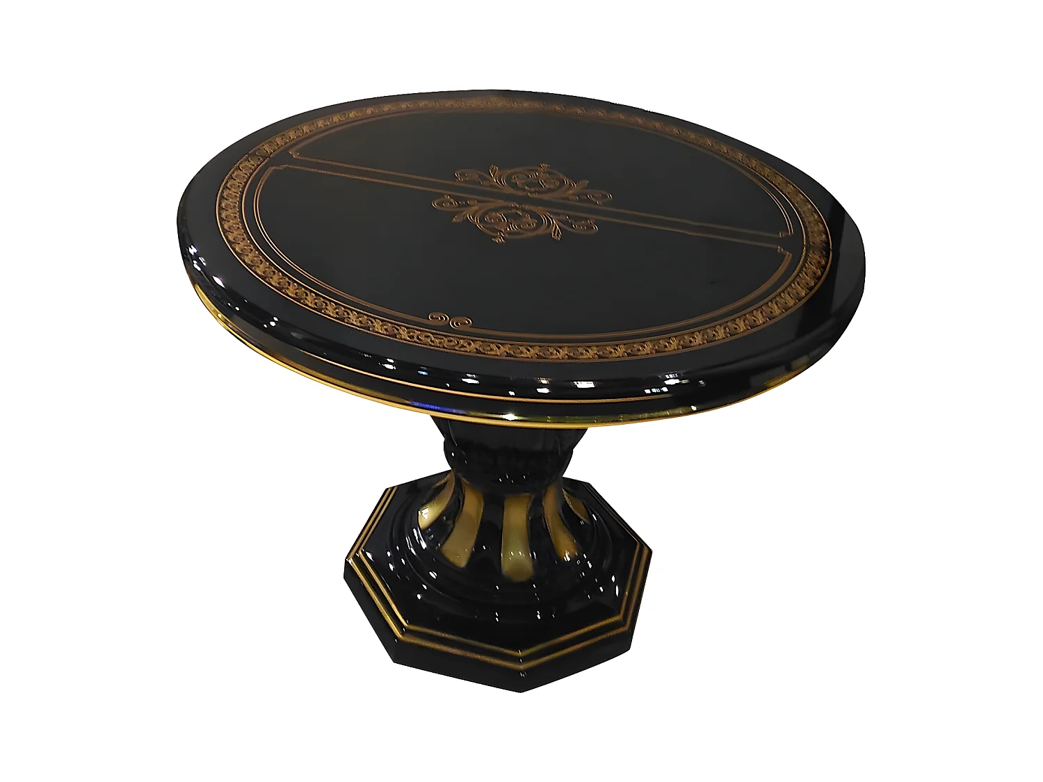 Table à manger ronde extensible bois vernis laqué brillant noir et doré Lesly 110 à 160cm