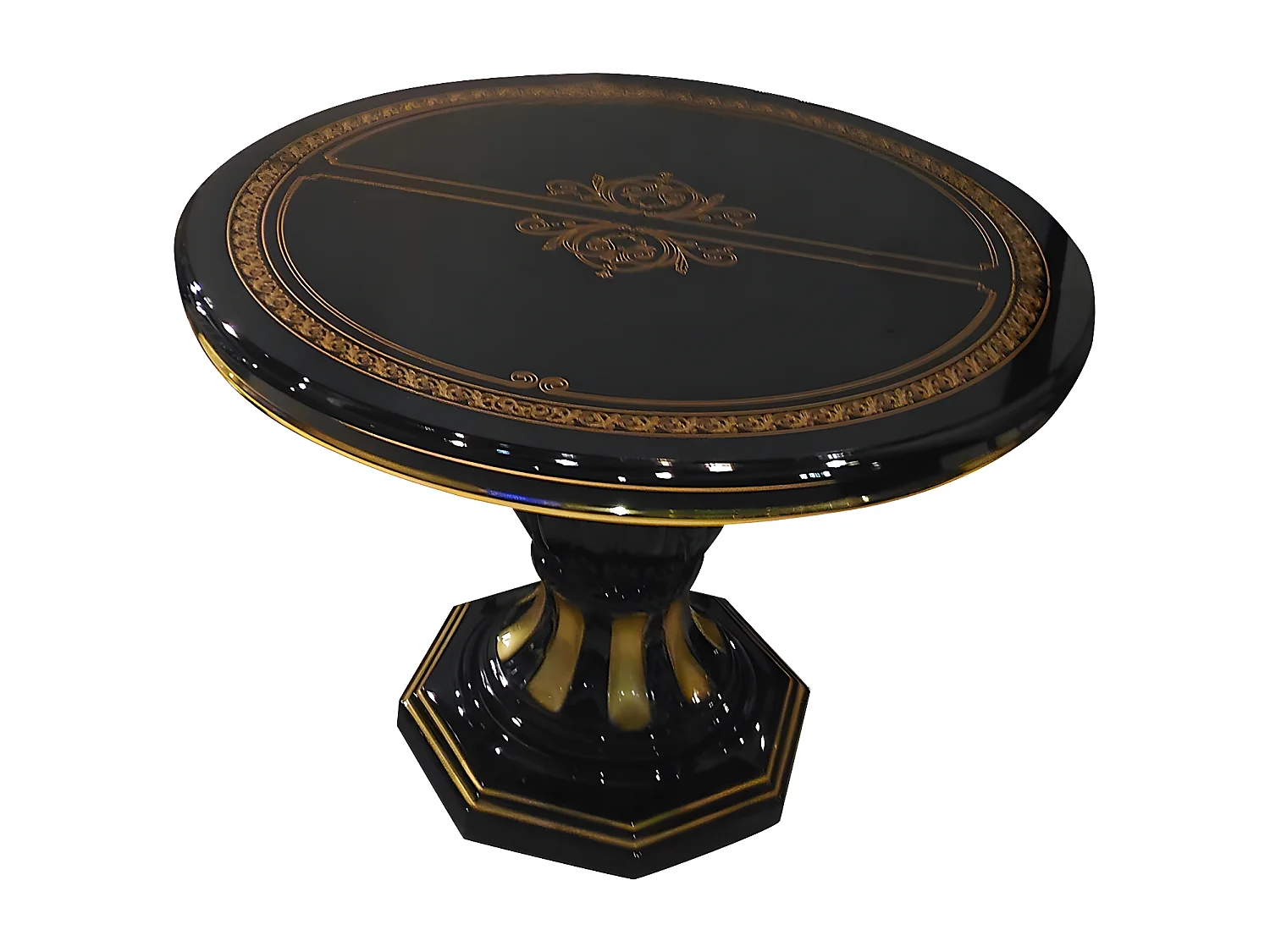 Table à manger ronde extensible bois vernis laqué brillant noir et doré Lesly 110 à 160cm