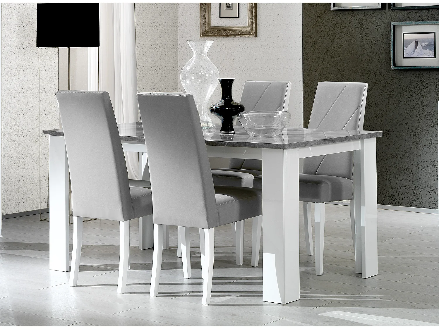 Table à manger rectangulaire gris béton et blanc brillant Sting 160cm