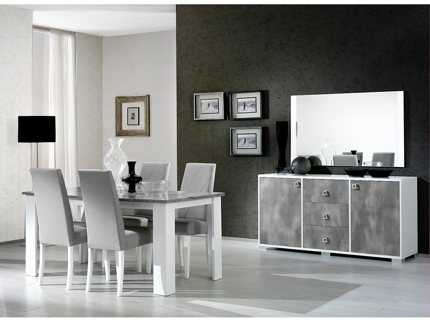 Table à manger rectangulaire gris béton et blanc brillant Sting 160cm