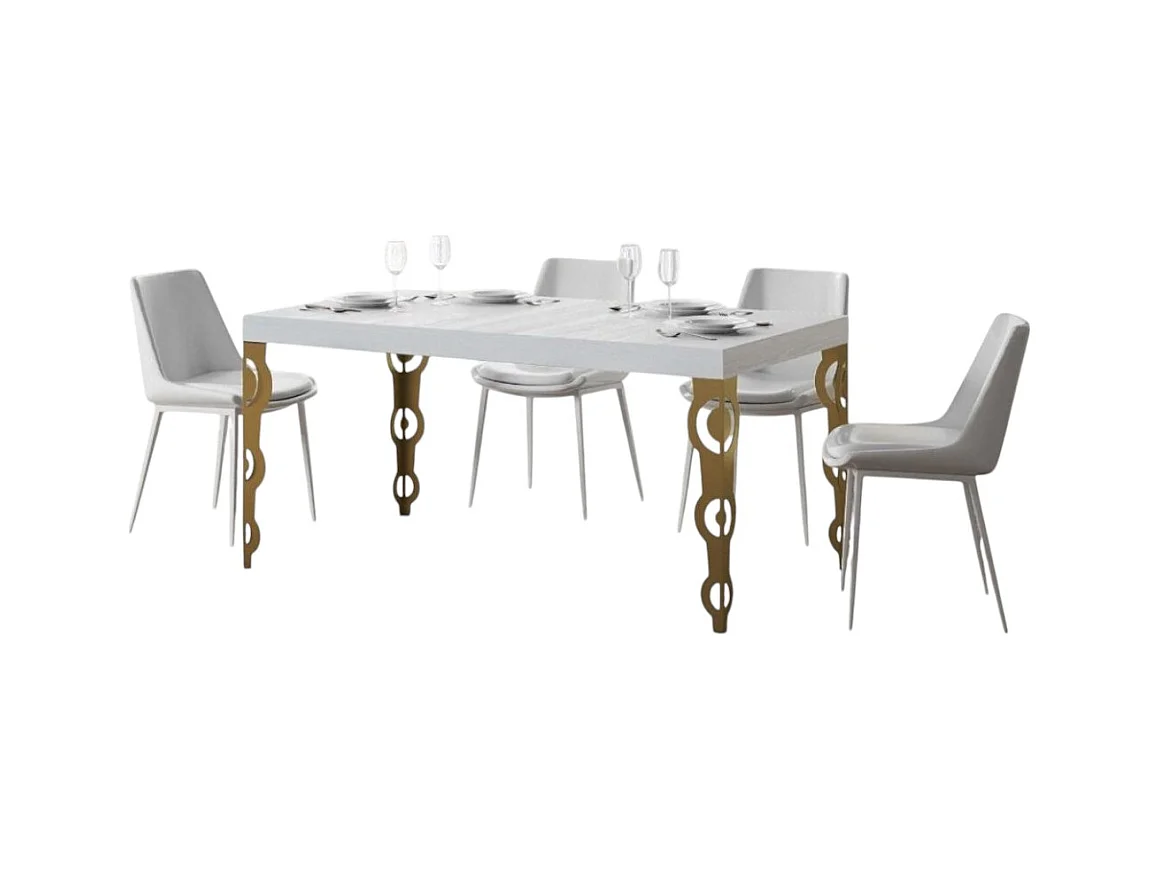 Table à manger rectangulaire orientale frêne blanc et pieds métal doré Kazay 180cm