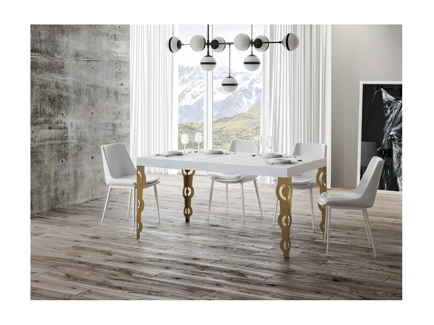 Table à manger rectangulaire orientale frêne blanc et pieds métal doré Kazay 180cm