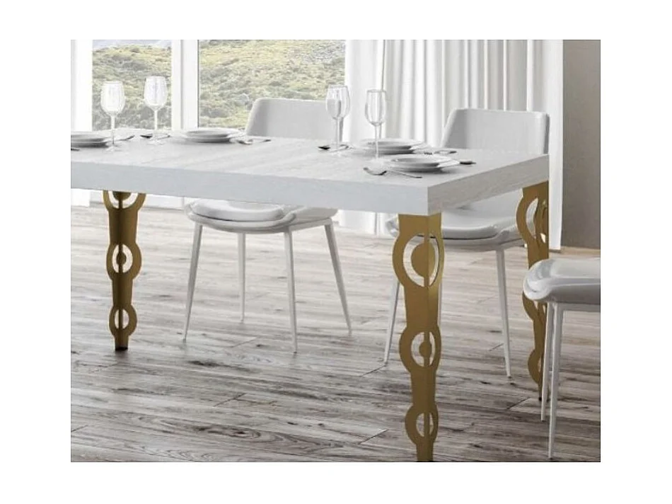 Table à manger rectangulaire orientale frêne blanc et pieds métal doré Kazay 180cm