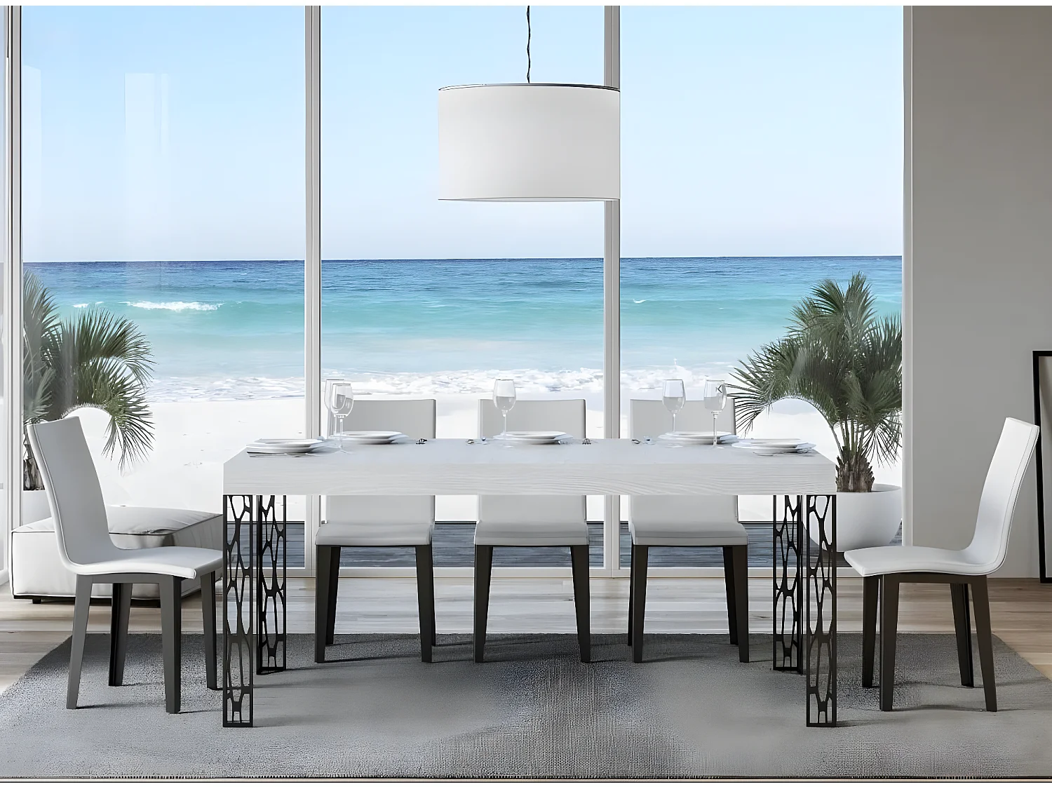 Rechthoekige eettafel 160 cm wit en donkergrijze metalen poten Gisa