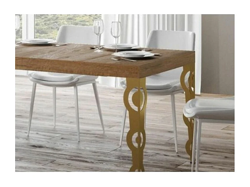 Table à manger rectangulaire orientale bois clair et pieds métal doré Kazay 180cm
