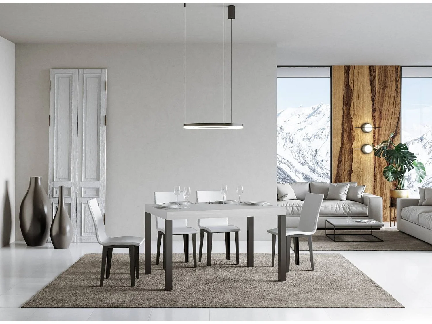 Mesa de comedor rectangular Evy de fresno blanco y metal antracita 160 cm