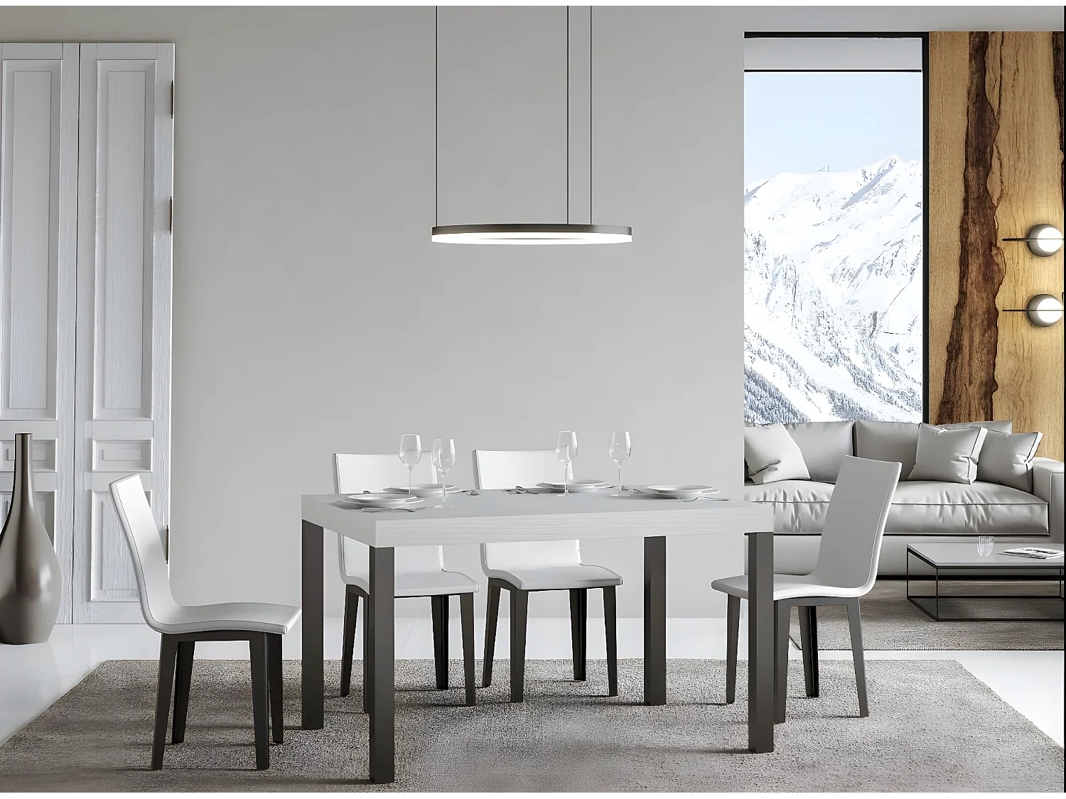 Mesa de comedor rectangular Evy de fresno blanco y metal antracita 160 cm