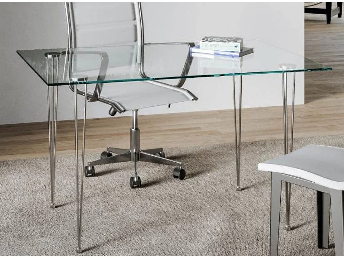 Table verre trempé et pieds métal argenté Schwarz 130cm