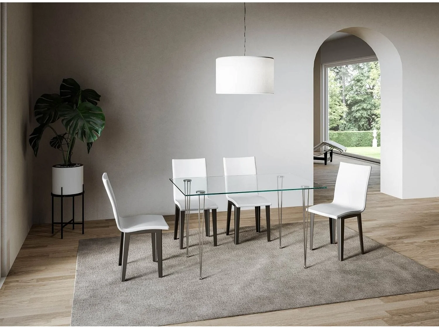 Table verre trempé et pieds métal argenté Schwarz 130cm