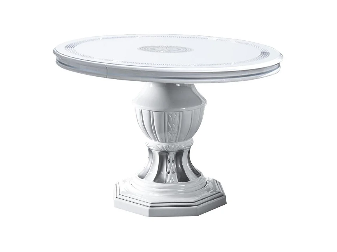 Table à manger ronde extensible bois vernis laqué brillant blanc et gris Vinza 110 à 160cm