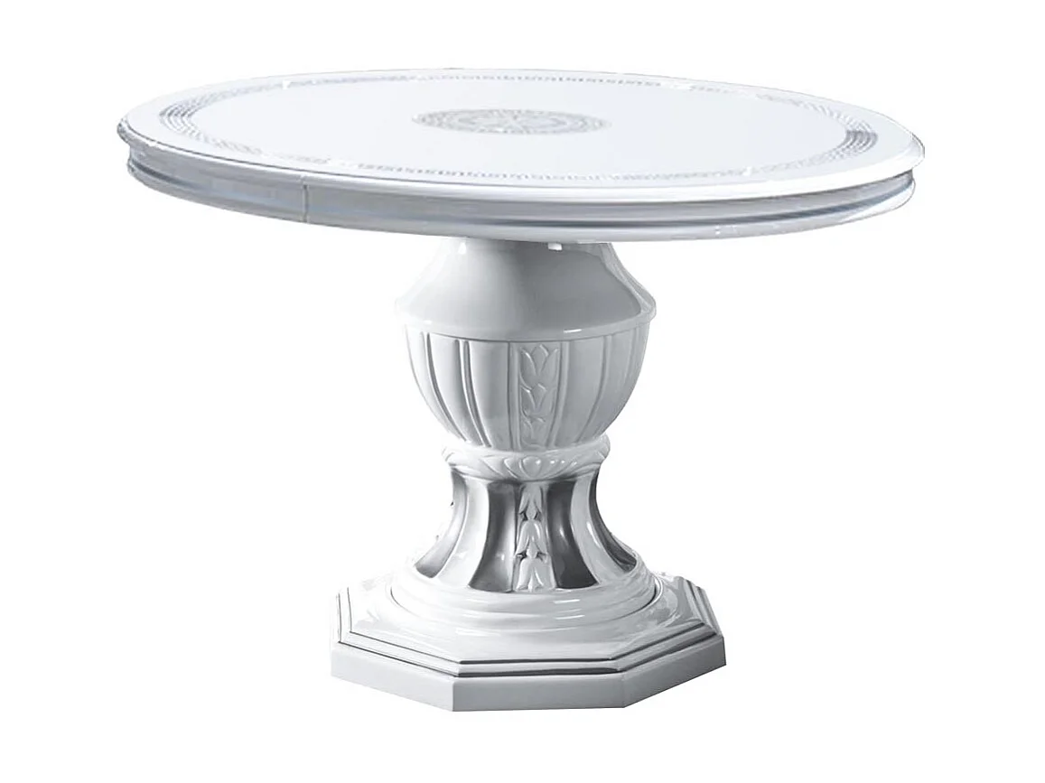 Table à manger ronde extensible bois vernis laqué brillant blanc et gris Vinza 110 à 160cm